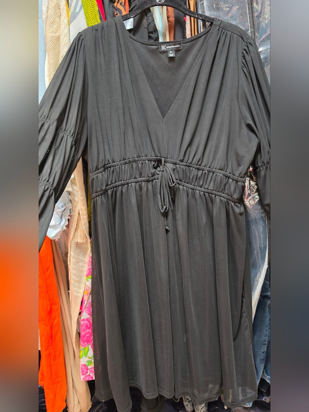 INC International Concepts Black V-Neck Midi Dress with Drawstring Waist